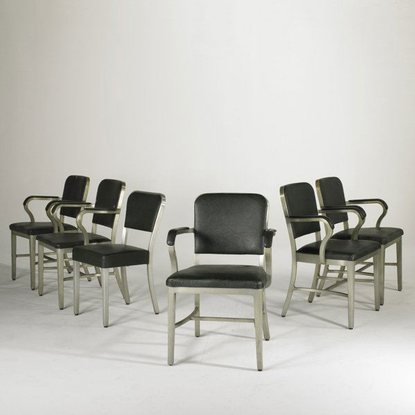 GOODFORM; Set of six chairs, five armchairs one si: GOODFORM; Set of six chairs, five armchairs one side chair, USA, 1950s; Cast aluminum and vinyl; Metal labels; Each: 34'' x 22'' x 21''