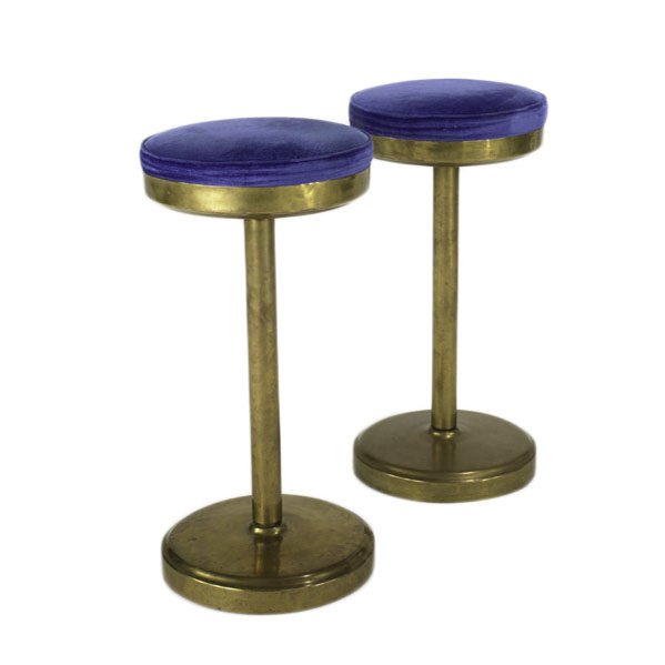 AMERICAN ART DECO; Stools, 1930s; Brass and velvet: AMERICAN ART DECO; Stools, 1930s; Brass and velvet; 29 1/2'' x14 3/4'' dia