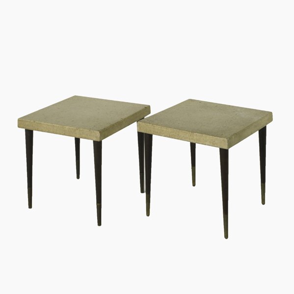 PAUL FRANKL; JOHNSON FURNITURE CO.; Pair of occasi: PAUL FRANKL; JOHNSON FURNITURE CO.; Pair of occasional tables; Lacquered cork, mahogany and brass; Unmarked: Each: 16 1/4'' x 18'' sq.