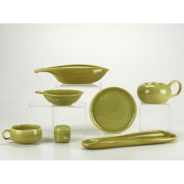 RUSSEL WRIGHT CERAMICS; Approximately 64 pieces of: RUSSEL WRIGHT CERAMICS; Approximately 64 pieces of chartreuse dinnerware; All marked; Dinner plates: 10'' dia