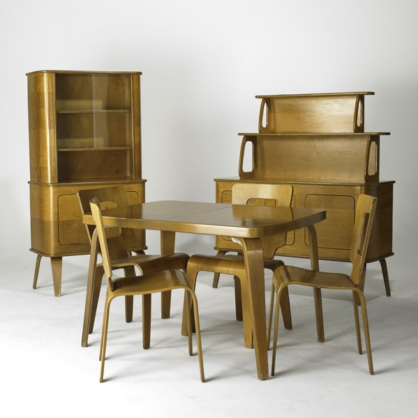 THADEN JORDAN; Dining suite, USA, 1950's; Birch pl: THADEN JORDAN; Dining suite, USA, 1950's; Birch plywood; Chairs paper labels and cabinets ink stamped; Tiered cabinet: 55'' x 48'' x 18 1/2''
