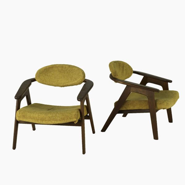 ADRIAN PEARSALL; KRAFT ASSOCIATES; Pair of lounge: ADRIAN PEARSALL; KRAFT ASSOCIATES; Pair of lounge chairs, USA, 1960s; Sculpted walnut and upholstery; Unmarked: Each: 29'' x 28'' x 28 1/2''