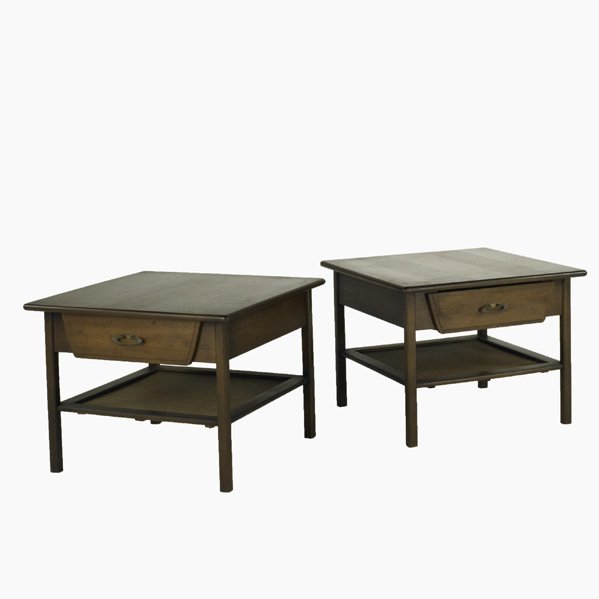 AMERICAN MODERN; Pair of single-drawer sofa table: AMERICAN MODERN; Pair of single-drawer sofa tables, 1960S; Teak, walnut, brass and woven cane; Unmarked; Each: 21 1/2'' x 28'' sq.