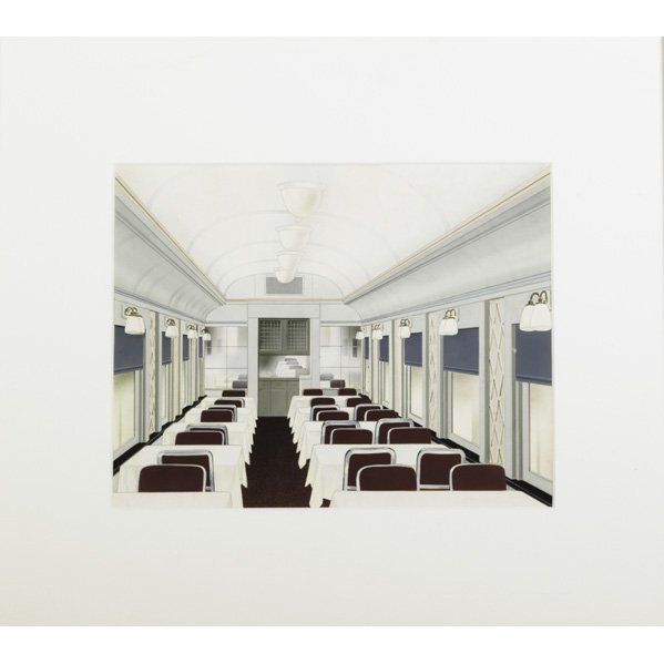 FAUST; RAYMOND LOEWY ASSOCIATES; Gouache painting : FAUST; RAYMOND LOEWY ASSOCIATES; Gouache painting (matted and framed), ''Dining Car Interior Color Schemes,'' USA, 1945; Raymond Loewy Associates stamp on verso; Image: 11 1/4'' x 9'', overall: 17 1/4