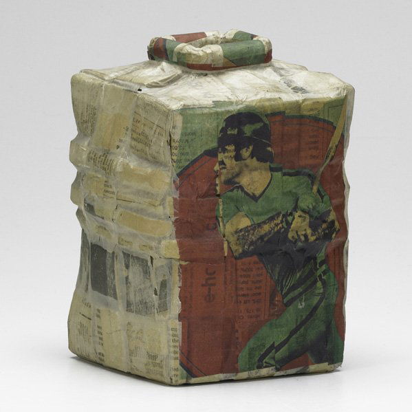 ED ROSSBACH; Woven paper basket with an image of P: ED ROSSBACH; Woven paper basket with an image of Pete Rose, Cincinnati Reds; Signed Ed Rossbach 1982; 8'' x 5 1/4'' x 5 1/2''