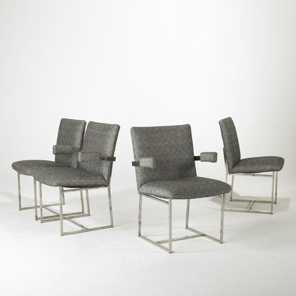 MILO BAUGHMAN; THAYER COGGIN; Set of four dining c: MILO BAUGHMAN; THAYER COGGIN; Set of four dining chairs, two arm and two side, USA, 1970s; Chromed steel and upholstery; Unmarked; Each: 34'' x 23'' x 24''