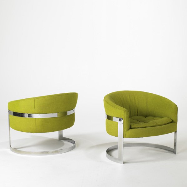 STYLE OF MILO BAUGHMAN; Pair of club chairs, USA,: STYLE OF MILO BAUGHMAN; Pair of club chairs, USA, 1970s; Chromed steel and wool; Each: 27'' x 30'' x 26''