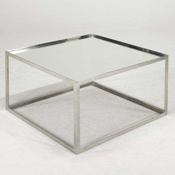 PAUL MAYAN; HABITAT; Coffee table, USA, 1960s; Po: PAUL MAYAN; HABITAT; Coffee table, USA, 1960s; Polished aluminum and mirrored glass; Unmarked; 16'' x 30 1/4'' sq.