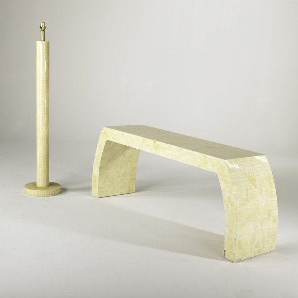 MAITLAND SMITH (Attr.); Console and floor lamp, US: MAITLAND SMITH (Attr.); Console and floor lamp, USA, 1980s; Tessellated bone and brass; Unmarked; Console: 24 1/2'' x 66'' x 15'' floor lamp: 50'' x 12 1/2'' dia