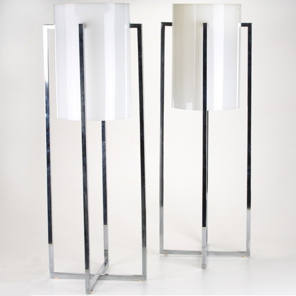 ROBERT SONNEMAN; Pair of tall table lamps, USA, c: ROBERT SONNEMAN; Pair of tall table lamps, USA, ca. 1970; Chromed metal and acrylic; Paper label; Each: 32 1/2'' x 11''