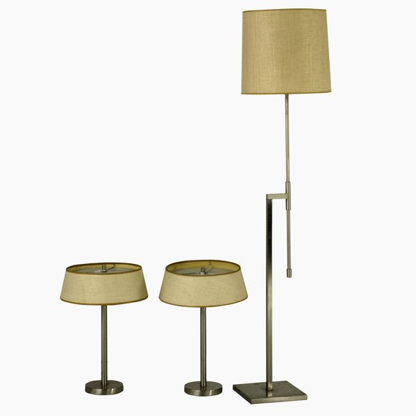 LAUREL LAMP CO; Two table lamps and one adjustable: LAUREL LAMP CO; Two table lamps and one adjustable floor lamp, USA, 1960s; Matte chromed steel, enameled metal and linen; All labeled; Floor lamp as pictured: 57'' x 8 3/4'' sq.