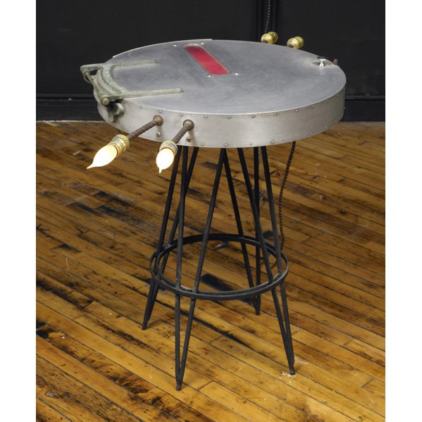 R.M. FISCHER (American, b. 1947); Aluminum, steel,: R.M. FISCHER (American, b. 1947); Aluminum, steel, brass, plastic, electric light sculpture, ''Hot Cakes,'' 1980; 30 1/8'' high; Exhibition: ''Currents 4: Art and Use,'' Milwaukee Art Center, November