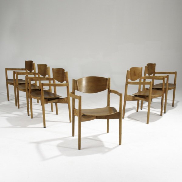 JENS RISOM; JENS RISOM DESIGN INC; Set of six Gene: JENS RISOM; JENS RISOM DESIGN INC; Set of six General Purpose armchairs, USA, 1960s; Teak and oak; Labeled; Each: 32 1/2'' x 24 1/2'' x 20''