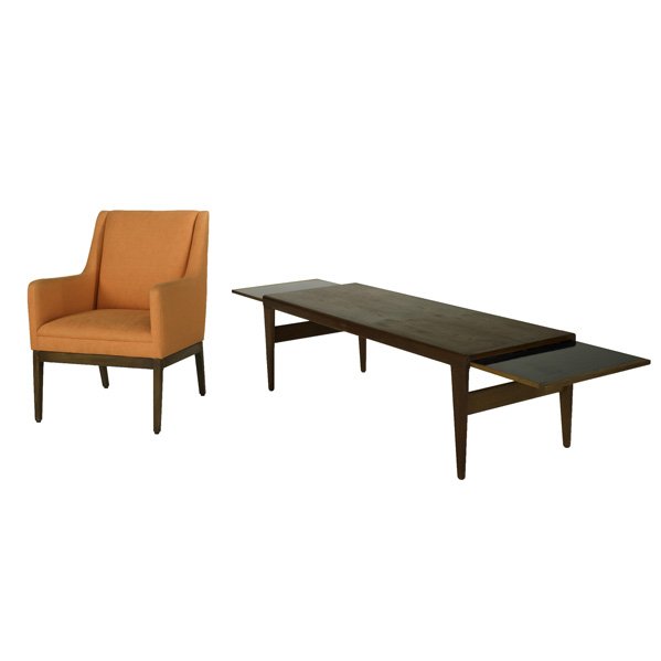 JENS RISOM, ETC; Lounge chair and coffee table, US: JENS RISOM, ETC; Lounge chair and coffee table, USA-Denmark, 1960s; Wool, walnut, teak and laminate; Chair: metal label; Chair: 36'' x 27'' x 27 1/2'' coffee table as shown: 19'' x 86 1/2'' x 23 1/2''