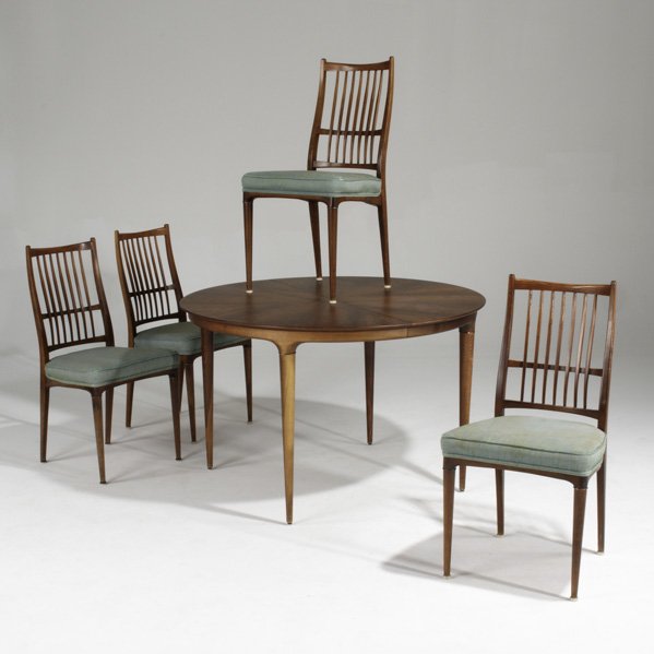 SEFFLE; Dining table with four chairs, Sweden, 197: SEFFLE; Dining table with four chairs, Sweden, 1970s; Rosewood, beech, brass and upholstery; All branded; Dining table: 29 1/4'' x 46 1/2'' dia. (two leaves 15 1/4'') each chair: 37'' x 19'' x 20 1/2'