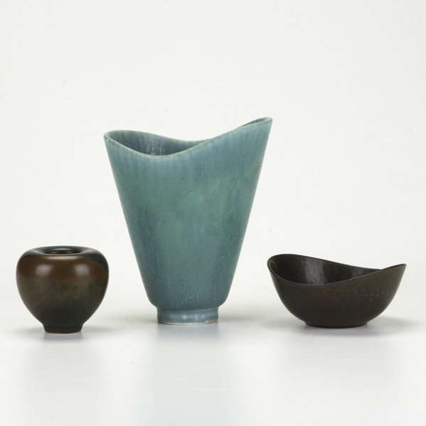 EVA STAEHR NIELSEN; SAXBO; ROSTRAND; Three vessels: EVA STAEHR NIELSEN; SAXBO; ROSTRAND; Three vessels, Scandinavia, 1950s: Nielsen/Saxbo cabinet vase in striated brown glaze marked with Saxbo monogram/48/DENMARK/3/ESTN together with two Rostrand vesse
