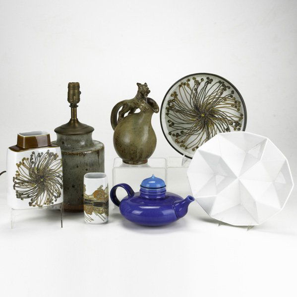 SCANDINAVIAN CERAMICS; Seven pieces: Rostrand lam: SCANDINAVIAN CERAMICS; Seven pieces: Rostrand lamp and Inger Persson teapot, four Royal Coppenhagen: pitcher by Bode Willumsen and Oragami platter by Kai Frank; All pieces marked; Lamp: 14''