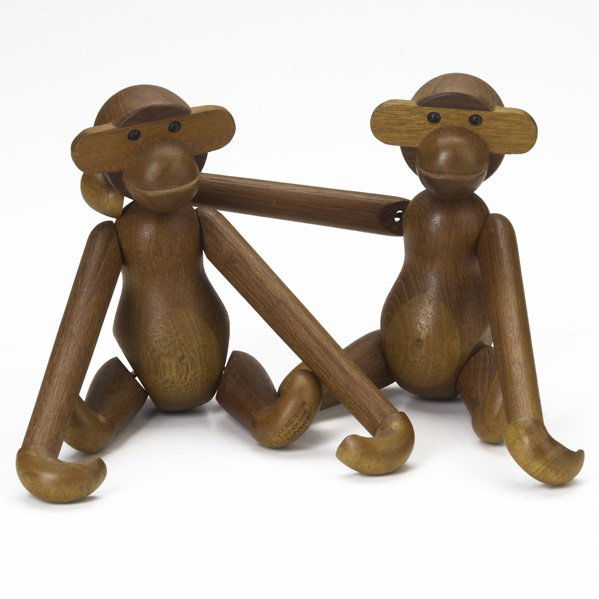 KAY BOJESEN; Two teak monkeys, Denmark, 1950s; Bo: KAY BOJESEN; Two teak monkeys, Denmark, 1950s; Both branded KAY BOJESEN/DENMARK/COPYRIGHT; Each: 7 1/2'' tall