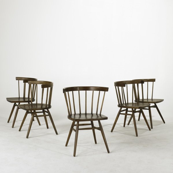 GEORGE NAKASHIMA; KNOLL; Set of five side chairs,: GEORGE NAKASHIMA; KNOLL; Set of five side chairs, USA, 1940s; Birch and walnut; Unmarked; Each: 30'' x 33'' x 19 1/2''