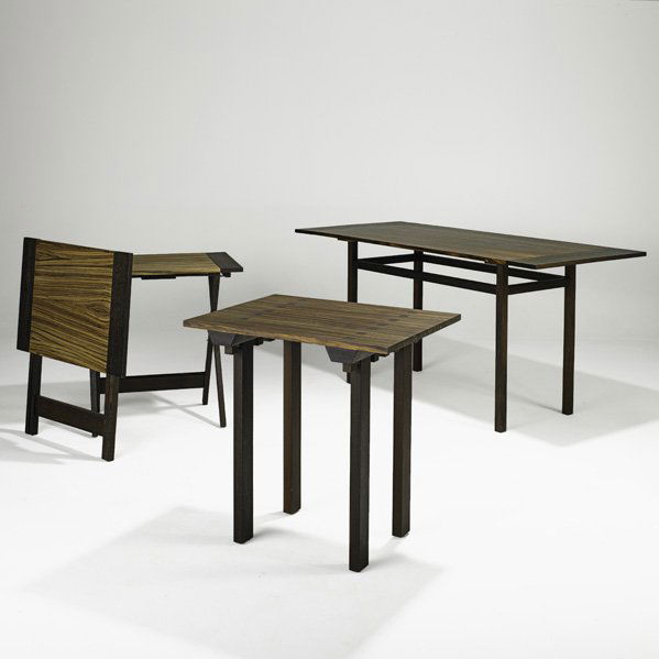 JEFFREY GREENE; GREENE & GREENE; Four tables, New: JEFFREY GREENE; GREENE & GREENE; Four tables, New Hope, Pennsylvania, 1990s; Zebra wood, wenge, purple heart, brass; Dining table signed with journeyman and Jeffrey Greene; 32'' x 70'' x 30'', 30'' x