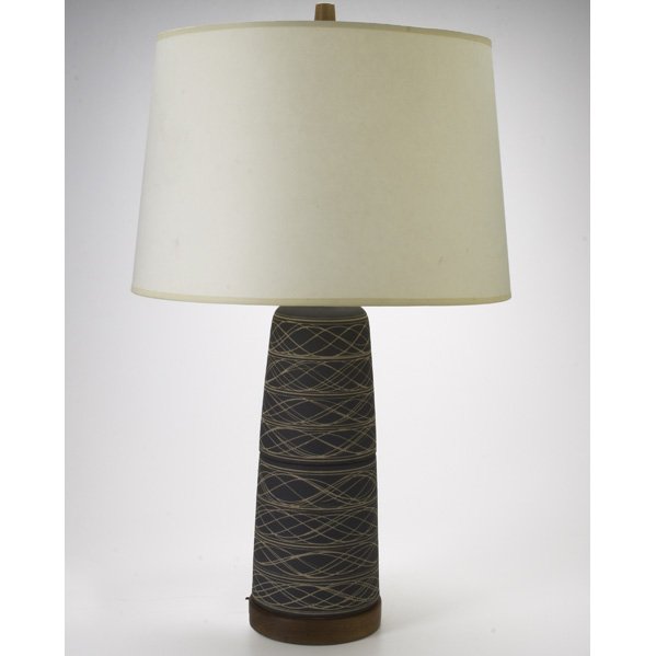 GORDON AND JANE MARTZ; Ceramic table lamp with inc: GORDON AND JANE MARTZ; Ceramic table lamp with incised decoration, USA, ca. 1960; Glazed ceramic, walnut and paper shade; Unmarked; Overall: 33'' x 20''