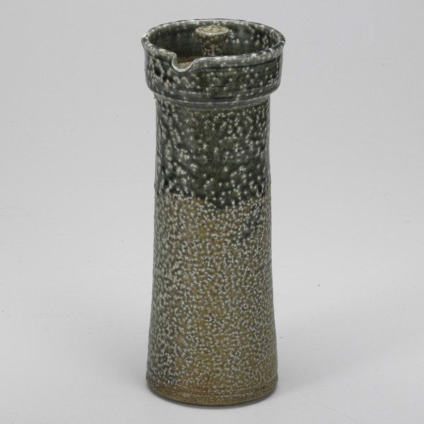 DON REITZ; Glazed stoneware lidded pitcher with bl: DON REITZ; Glazed stoneware lidded pitcher with blue-green drip and orange peel glaze; Signed; 10 1/2'' x 4 1/2''