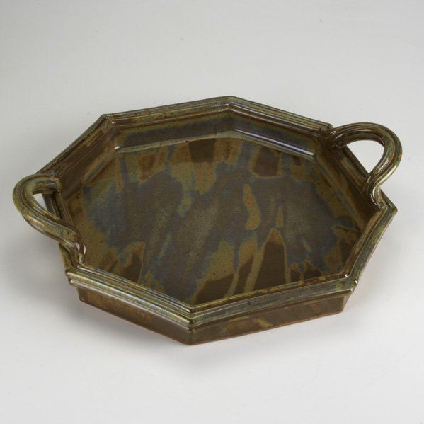 JULIE LARSON; Large handled and octagonal glazed : JULIE LARSON; Large handled and octagonal glazed stoneware serving tray; Signed; 3 1/2'' x 17 3/4'' x 14 1/2''