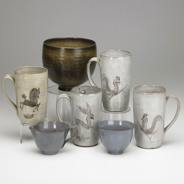 EDWIN AND MARY SCHEIER; Seven glazed items, Green: EDWIN AND MARY SCHEIER; Seven glazed items, Green Valley, Arizona, ca. 1970s: one vase, four mugs with horses, roosters and rabbits, pitcher and sugar bowl; Signed Scheier; Vase: 5'' x 5 1/2''