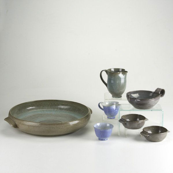 EDWIN AND MARY SCHEIER; Seven pieces: Large low b: EDWIN AND MARY SCHEIER; Seven pieces: Large low bowl, two serving pitchers, sugar, creamer, and two handled bowls; All pieces signed SCHEIER; Bowl: 3 1/4'' x 17 1/2'' dia