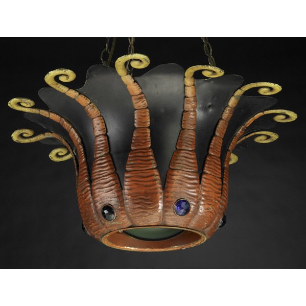 FANTASY; Seaform hanging light fixture, 1960s; Ena: FANTASY; Seaform hanging light fixture, 1960s; Enameled brass, plastic jewels and colored glass lense; Lense marked Kliegl Bros NYC; Shade 8'' x 18''