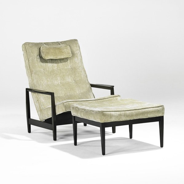 EDWARD WORMLEY; DUNBAR; Lounge chair and ottoman, : EDWARD WORMLEY; DUNBAR; Lounge chair and ottoman, USA, 1960s; Mahogany, velvet upholstery; Unmarked; 38'' x 33'' x 35'', 16'' x 25'' x 27''