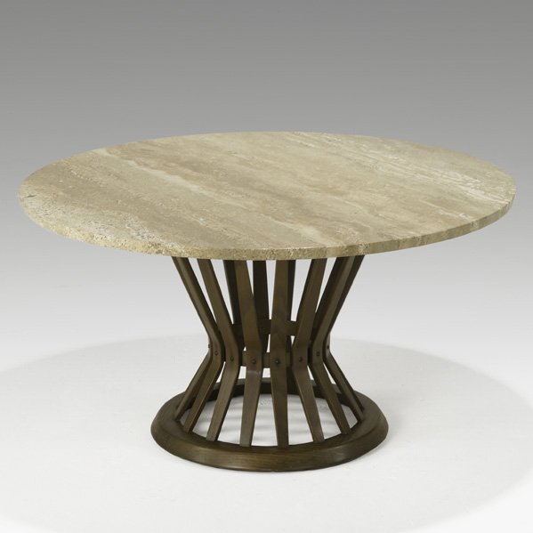 EDWARD WORMLEY; DUNBAR; Sheaf of Wheat coffee tabl: EDWARD WORMLEY; DUNBAR; Sheaf of Wheat coffee table, USA, 1950s; Marble, ash, brass; Brass tag, Carrera marble stencil; 20 1/4'' x 38''