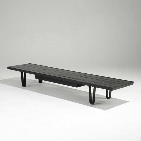 EDWARD WORMLEY; DUNBAR; Long John Table/bench with: EDWARD WORMLEY; DUNBAR; Long John Table/bench with single drawer (kn4699), USA, 1950s; Ebonized walnut; Brass label; 12'' x 84'' x 19''