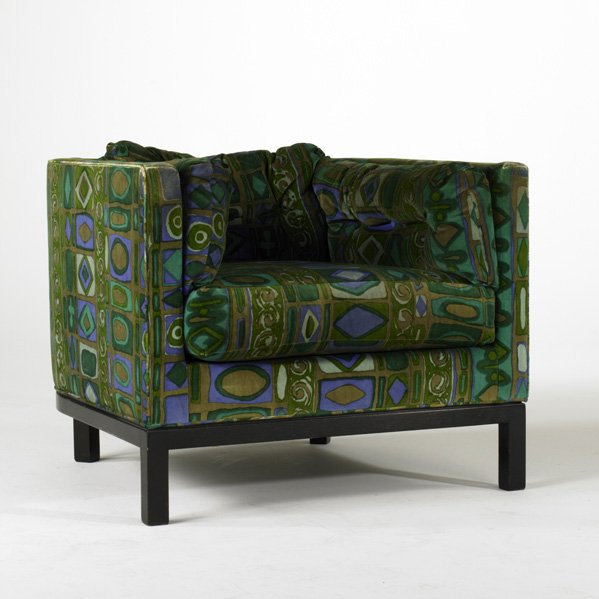 EDWARD WORMLEY; DUNBAR; Club chair, USA, 1960s; Ja: EDWARD WORMLEY; DUNBAR; Club chair, USA, 1960s; Jack Lenor Larson upholstery on mahogany base; Dunbar fabric label; 28'' x 32'' x 34''