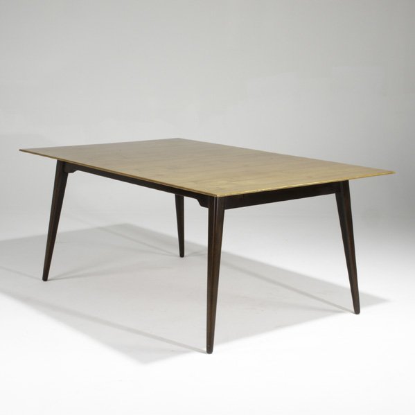 EDWARD WORMLEY: DUNBAR: Dining table; USA, 1950's,: EDWARD WORMLEY: DUNBAR: Dining table; USA, 1950's, Tawi, lacquered mahogany; Metal and paper label 30'' x 70'' x 44'' (one 15'' insert)