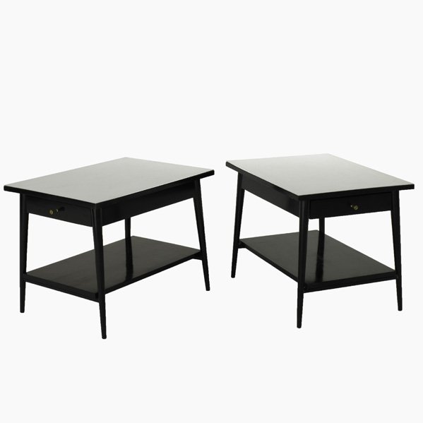 PAUL McCOBB; WINCHENDON; Pair of single-drawer nig: PAUL McCOBB; WINCHENDON; Pair of single-drawer nightstands, USA; 1950s; Painted wood, laminate and brass; Foil labels; Each: 20'' x 26 1/2'' x 19''