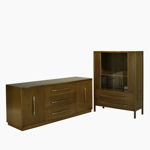 T.H. ROBSJOHN GIBBINGS; WIDDICOMB; Two cabinets, U: T.H. ROBSJOHN GIBBINGS; WIDDICOMB; Two cabinets, USA, 1950s; Walnut, nickeled metal and glass; Unmarked; China: 54'' x 40'' x 16'' sideboard: 30'' x 70'' x 22''