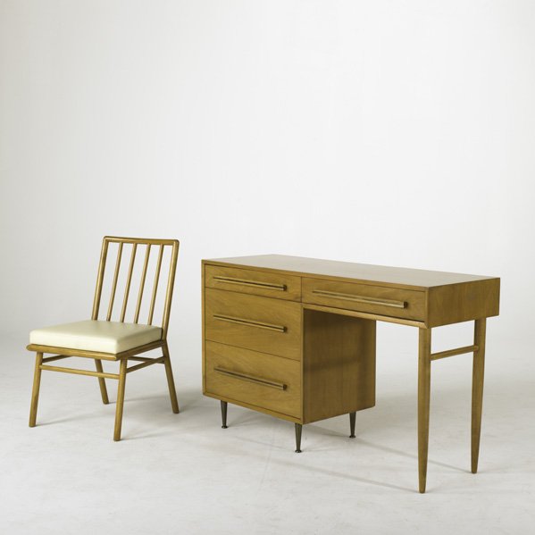 T.H. ROBSJOHN GIBBINGS; WIDDICOMB; Desk and chair,: T.H. ROBSJOHN GIBBINGS; WIDDICOMB; Desk and chair, USA, 1950s; Walnut, brass and leather; Desk: 31 3/4'' x 54'' x 18 1/2'' chair: 35'' x 21'' x 23''