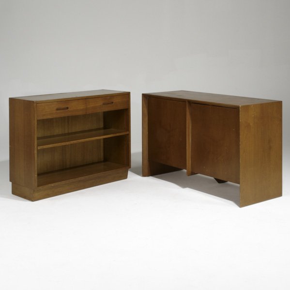 T.H. ROBSJOHN GIBBINGS; EDWARD WORMLEY; Two-door w: T.H. ROBSJOHN GIBBINGS; EDWARD WORMLEY; Two-door walnut cabinet together with two-drawer mahogany cabinet, USA, 1950s; Fabric label and branded; Gibbings: 31'' x 48 1/2'' x 20'' Wormley: 32'' x 41 1/2
