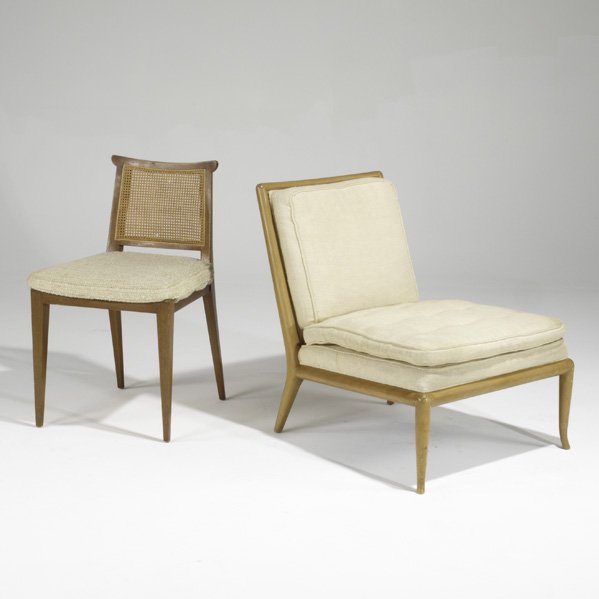T.H. ROBSJOHN GIBBINGS AND EDWARD WORMLEY; Lounge: T.H. ROBSJOHN GIBBINGS AND EDWARD WORMLEY; Lounge chair and side chair, USA, 1950s; Walnut, mahogany, cane and upholstery; Unmarked; Slipper chair: 31 1/2'' x 26 1/2'' x 34''