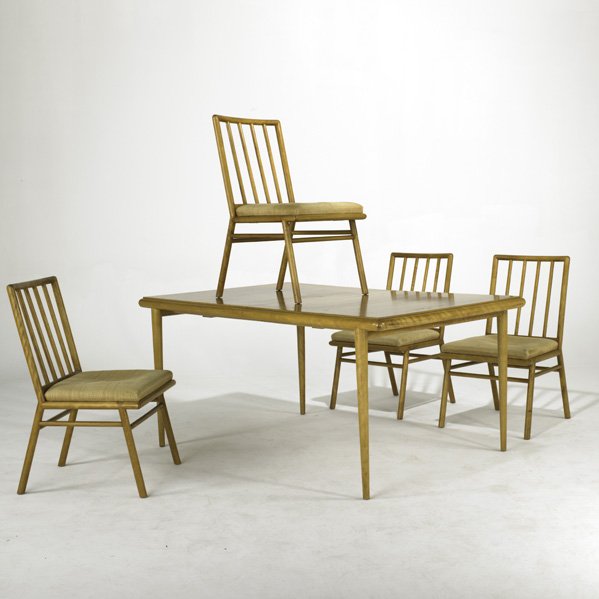T.H. ROBSJOHN GIBBINGS; WIDDICOMB; Dining suite: d: T.H. ROBSJOHN GIBBINGS; WIDDICOMB; Dining suite: dining table and four chairs; Walnut and upholstery; Decal label on dining table; Chairs:34 1/2'' x 21'' x 22'' table: 29 1/2'' x 64 1/2'' x 41 1/2'' (