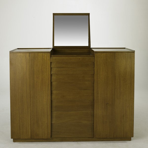 EDWARD WORMLEY; DUNBAR; Mahogany dresser/wardrobe,: EDWARD WORMLEY; DUNBAR; Mahogany dresser/wardrobe, USA, 1940s: nine drawers, mirror, two bi-fold doors concealing three compartments; 45 1/2'' x 60'' x 21''