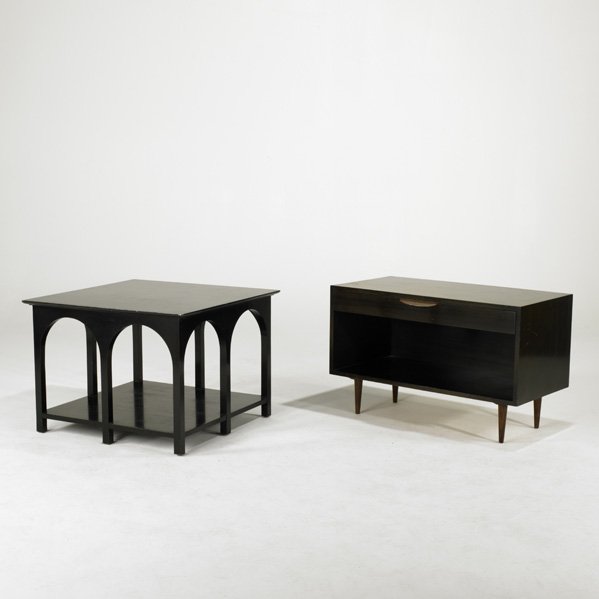 T.H. ROBSJOHN GIBBINGS; WIDDICOMB; HARVEY PROBBER;: T.H. ROBSJOHN GIBBINGS; WIDDICOMB; HARVEY PROBBER; Sofa table and nightstand, USA, 1950s; Mahogany; Signed; Table: 22'' x 30 1/2'' sq. nightstand: 22 1/2'' x 36'' x 18 1/2''