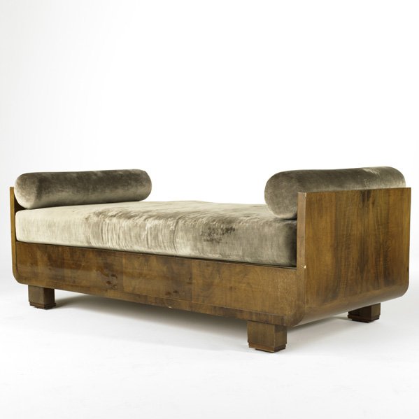 ART DECO; Daybed, ca. 1930; Mahogany and velour; 3: ART DECO; Daybed, ca. 1930; Mahogany and velour; 30'' x 79'' x 35 1/2''