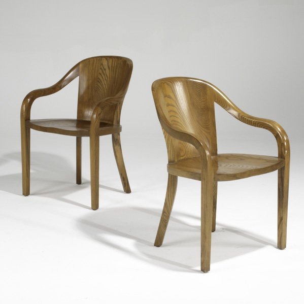 WARD BENNETT; BRICKEL; Pair of armchairs, USA, 197: WARD BENNETT; BRICKEL; Pair of armchairs, USA, 1970s; English oak and oiled ash; Metal and paper labels; Each: 33'' x 22 1/4'' x 24''