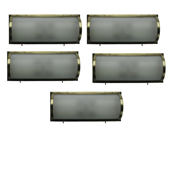 ENGLISH ART DECO; Set of five half-round wall sc: ENGLISH ART DECO; Set of five half-round wall sconces, ca. 1930; Frosted, reeded glass and brass; Stamped Made in England; Each: 19 1/4'' x 8'' x 4 1/4''