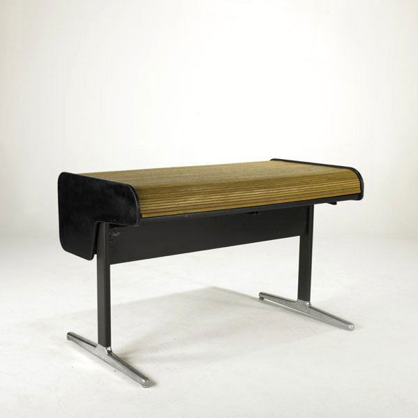 GEORGE NELSON; HERMAN MILLER; Roll-top desk, USA,: GEORGE NELSON; HERMAN MILLER; Roll-top desk, USA, 1960s; Oak, laminate, enameled metal, plastic and polished aluminum; Unmarked; 34'' x 54'' x 30''