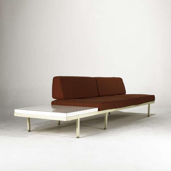 GEORGE NELSON; HERMAN MILLER; Sofa, USA, 1950s; En: GEORGE NELSON; HERMAN MILLER; Sofa, USA, 1950s; Enameled metal, laminate, Alexander Gerard upholstery; Unmarked; 26'' x 99'' x 31''