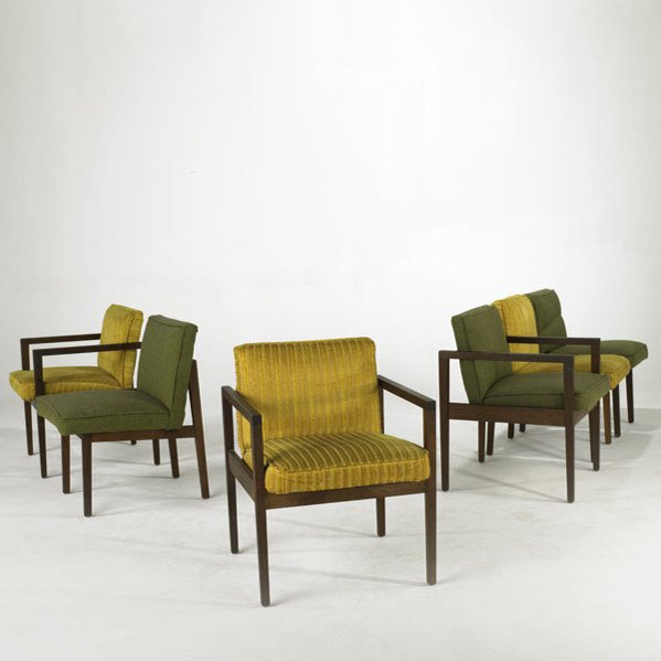 GEORGE NELSON; HERMAN MILLER; Set of six chairs: t: GEORGE NELSON; HERMAN MILLER; Set of six chairs: three side and three arm, USA, 1950s; Walnut and upholstery; Four with metal labels; Armchair: 30'' x 23 1/4'' x 25''