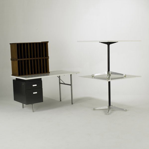 CHARLES & RAY EAMES; GEORGE NELSON; HERMAN MILLER: CHARLES & RAY EAMES; GEORGE NELSON; HERMAN MILLER; Desk, two tables and two CSS cabinets, USA, 1950s; Laminate, painted metal, aluminum, steel and walnut; Tables with metal labels; Desk: 29 1/2'' x 54
